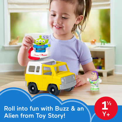Fisher-Price Little People Toy Story Pizza Planet Truck set featuring a yellow toy delivery truck with a spinning spaceship, plus Buzz Lightyear and Alien figures.
