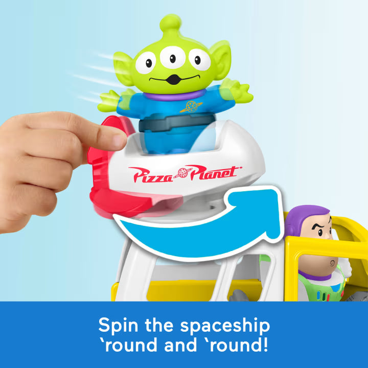 Fisher-Price Little People Toy Story Pizza Planet Truck set featuring a yellow toy delivery truck with a spinning spaceship, plus Buzz Lightyear and Alien figures.