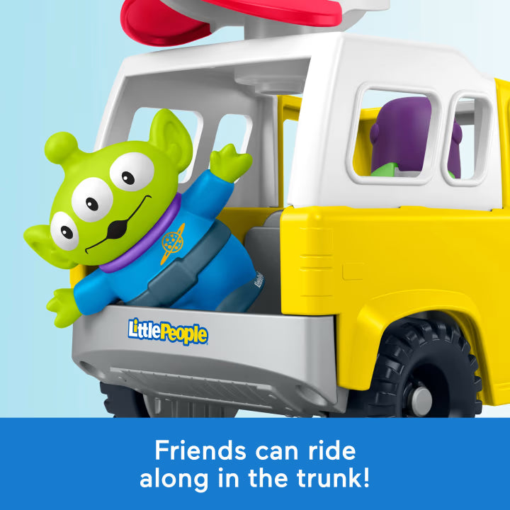 Fisher-Price Little People Toy Story Pizza Planet Truck set featuring a yellow toy delivery truck with a spinning spaceship, plus Buzz Lightyear and Alien figures.