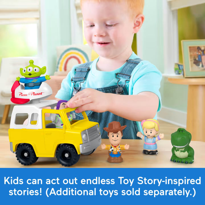 Fisher-Price Little People Toy Story Pizza Planet Truck set featuring a yellow toy delivery truck with a spinning spaceship, plus Buzz Lightyear and Alien figures.