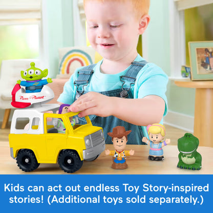 Fisher-Price Little People Toy Story Pizza Planet Truck set featuring a yellow toy delivery truck with a spinning spaceship, plus Buzz Lightyear and Alien figures.