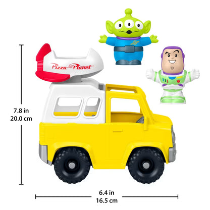 Fisher-Price Little People Toy Story Pizza Planet Truck set featuring a yellow toy delivery truck with a spinning spaceship, plus Buzz Lightyear and Alien figures.