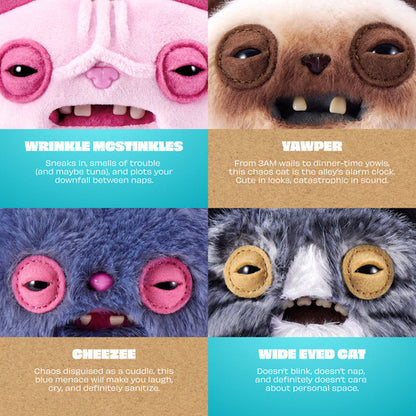 Four colorful plush toys with different expressions and descriptions.