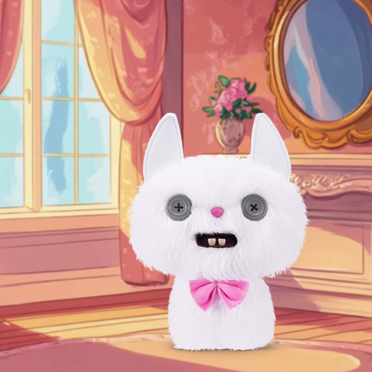 Fuggler Alley Cats Cheeze plush with a upscale persian style bedroom as the background