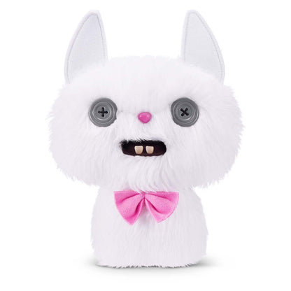 Fuggler Alley Cats Cheeze plush, a fluffy white cat toy with grey button eyes, a pink bow tie, and buck teeth.