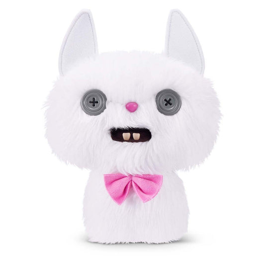 Fuggler Alley Cats Cheeze plush, a fluffy white cat toy with grey button eyes, a pink bow tie, and buck teeth.