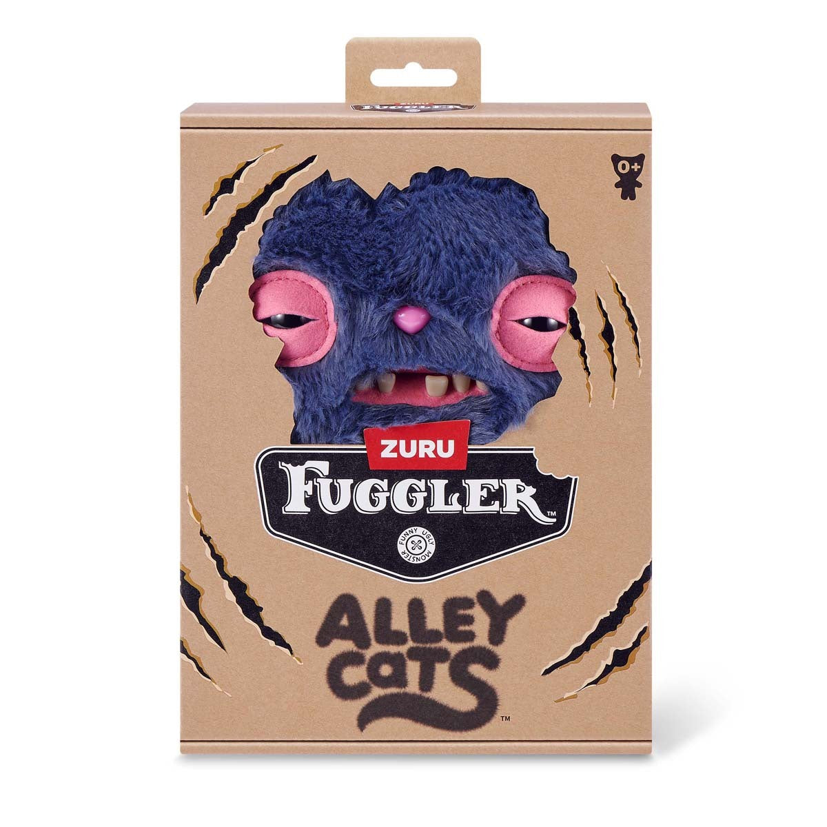 Fuggler Alley Cats toy packaging with a blue creature face on a brown background