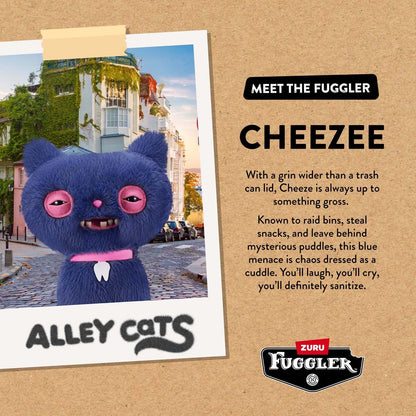 Card with character description for Fuggler Alley Cats Cheezee Blue Variant plush