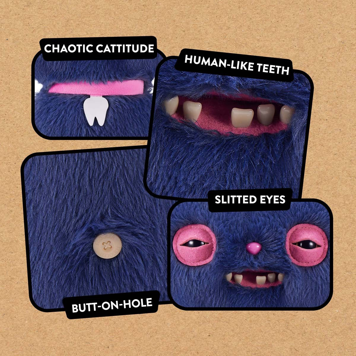 Close up of features for Fuggler Alley Cats Cheezee Blue Variant plush