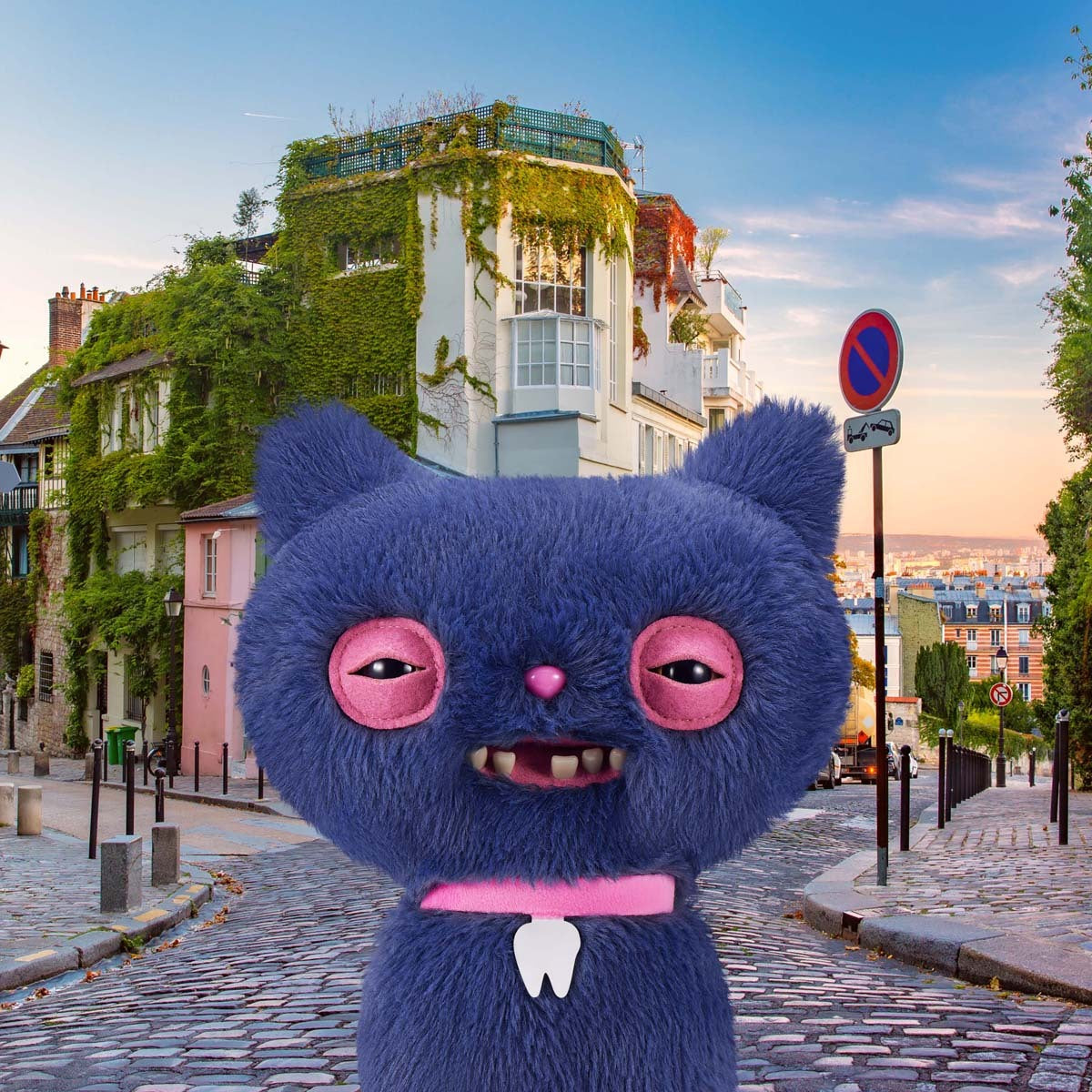 Fuggler Alley Cats Cheezee Blue Variant plush on a city street background