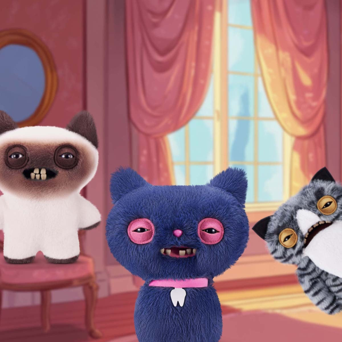 Three Fuggler Alley Cats in a room with pink walls and curtains.