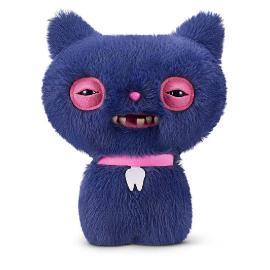 Fuggler Alley Cats Cheezee Blue Variant plush, a dark blue cat toy with pink eyelids, human-like teeth, and a pink collar with a tooth charm.