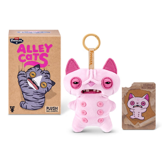 Fuggler Alley Cats 5-inch Plush Keyring blind box display showing all 7 collectible cat characters and collector cards.