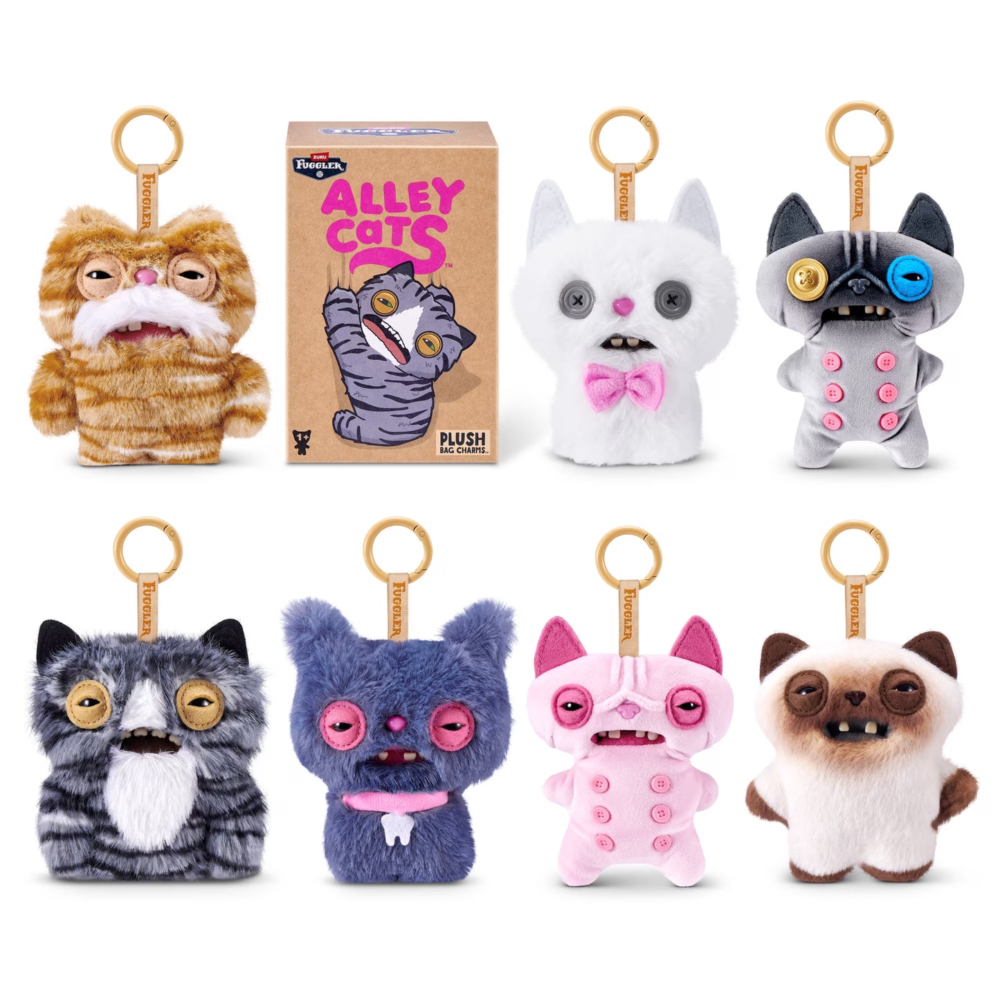 Collection of colorful plush toy cats with a 'Alley Cats' box in the center.