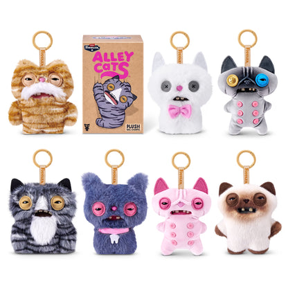 Collection of colorful plush toy cats with a 'Alley Cats' box in the center.