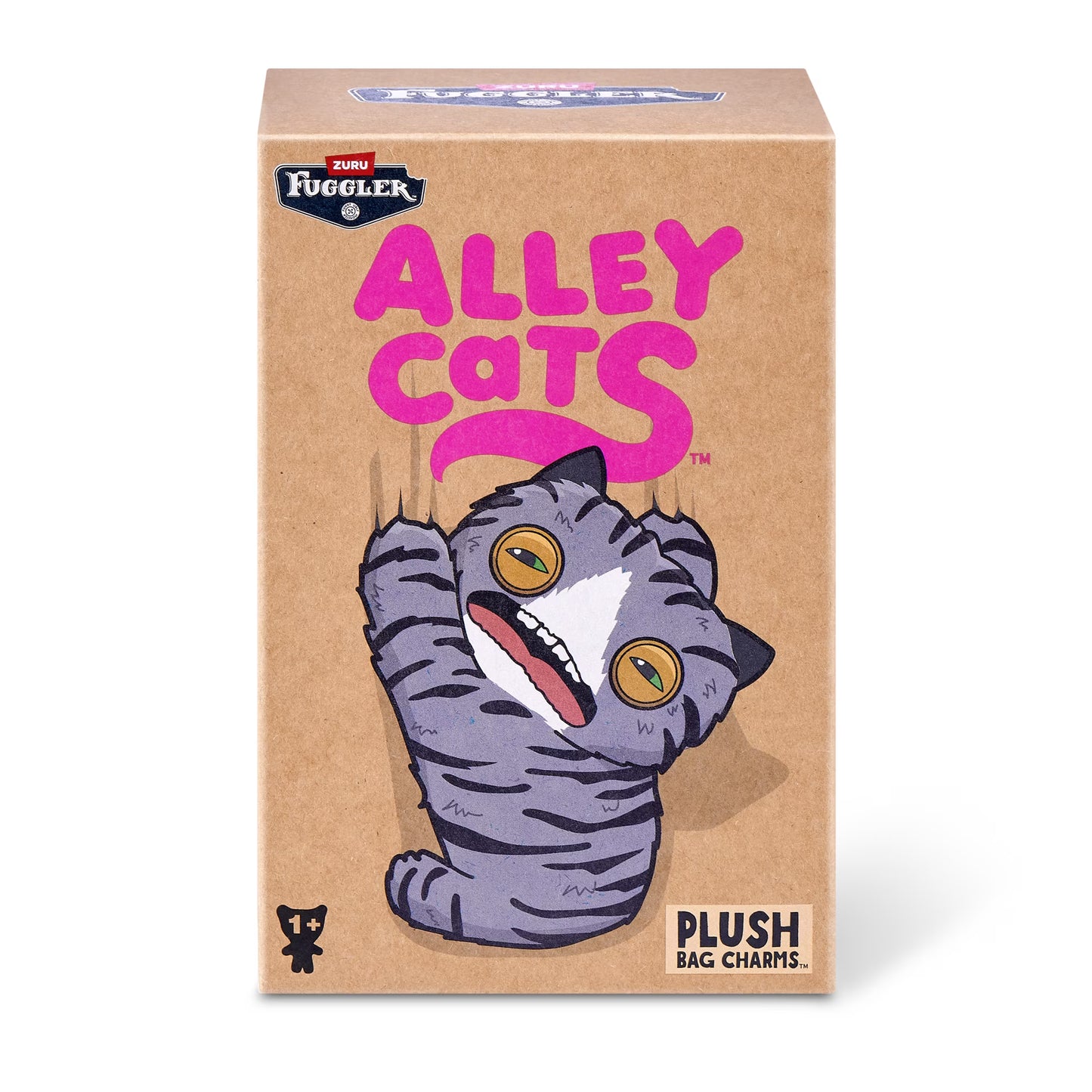 Box of 'Alley Cats' plush bag charms with a cartoon cat illustration on a brown background.