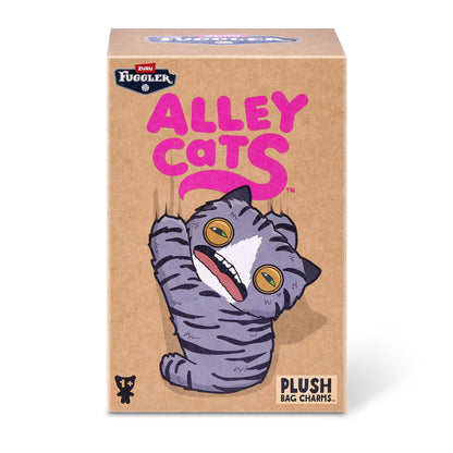 Box of 'Alley Cats' plush bag charms with a cartoon cat illustration on a brown background.