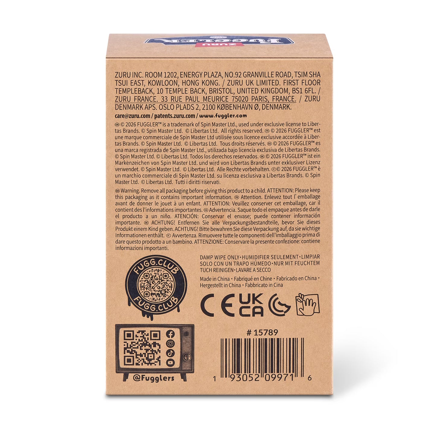 The back of a brown cardboard box for Fugglers Alley Cat Bag Charms, featuring extensive regulatory text, barcodes, and certification logos on a white background.