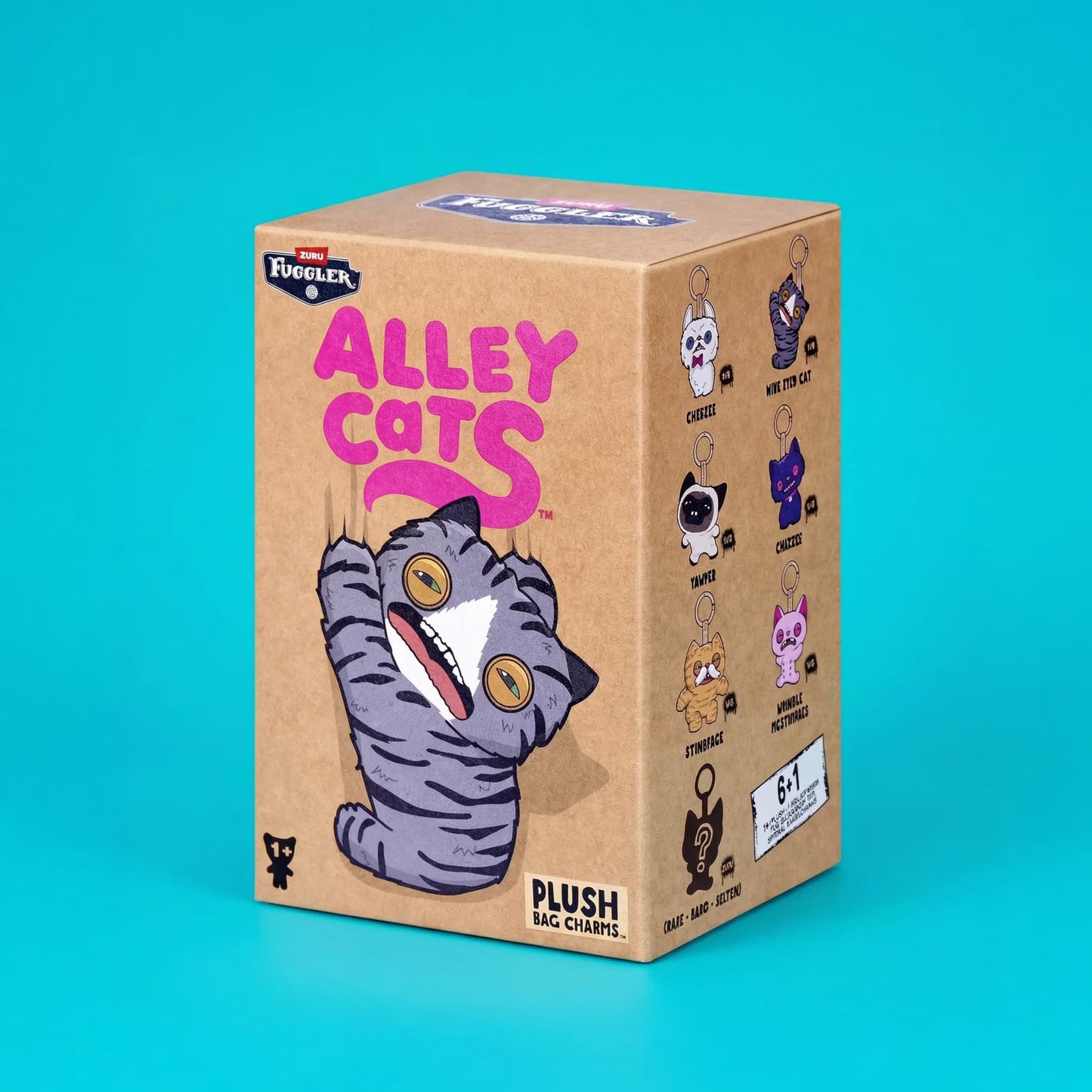 Fuggler Alley Cats 5-inch Plush Keyring blind box display showing all 7 collectible cat characters and collector cards.