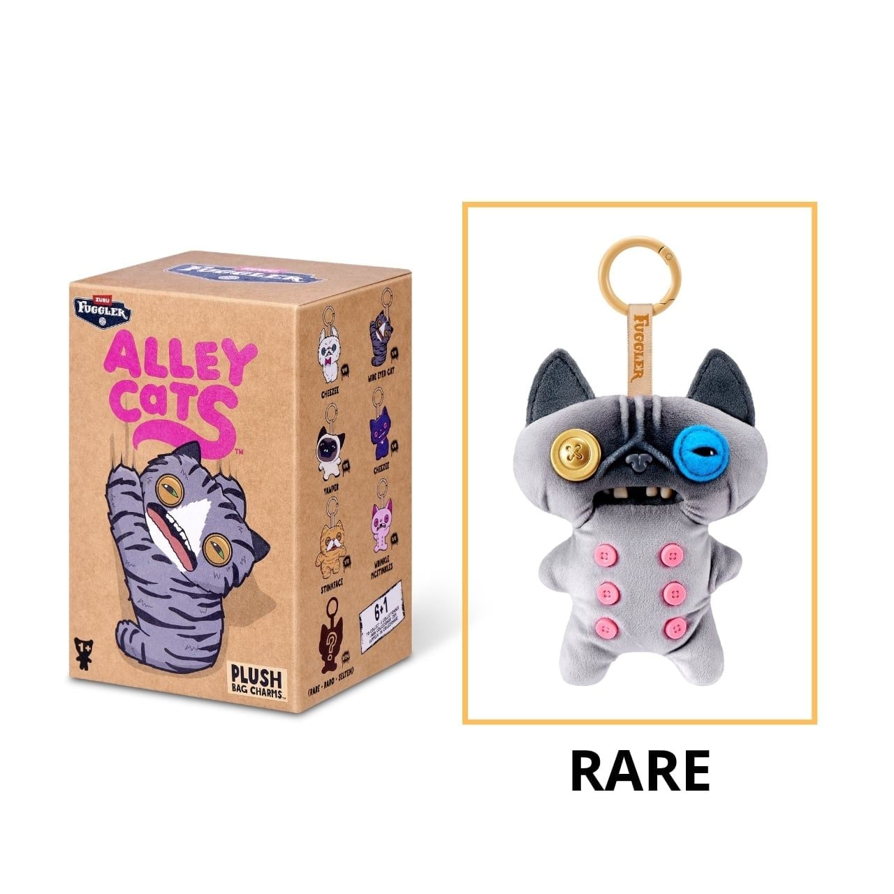 ZURU Fuggler Alley Cats blind box packaging alongside an assortment of plush bag charms featuring human-like teeth.
