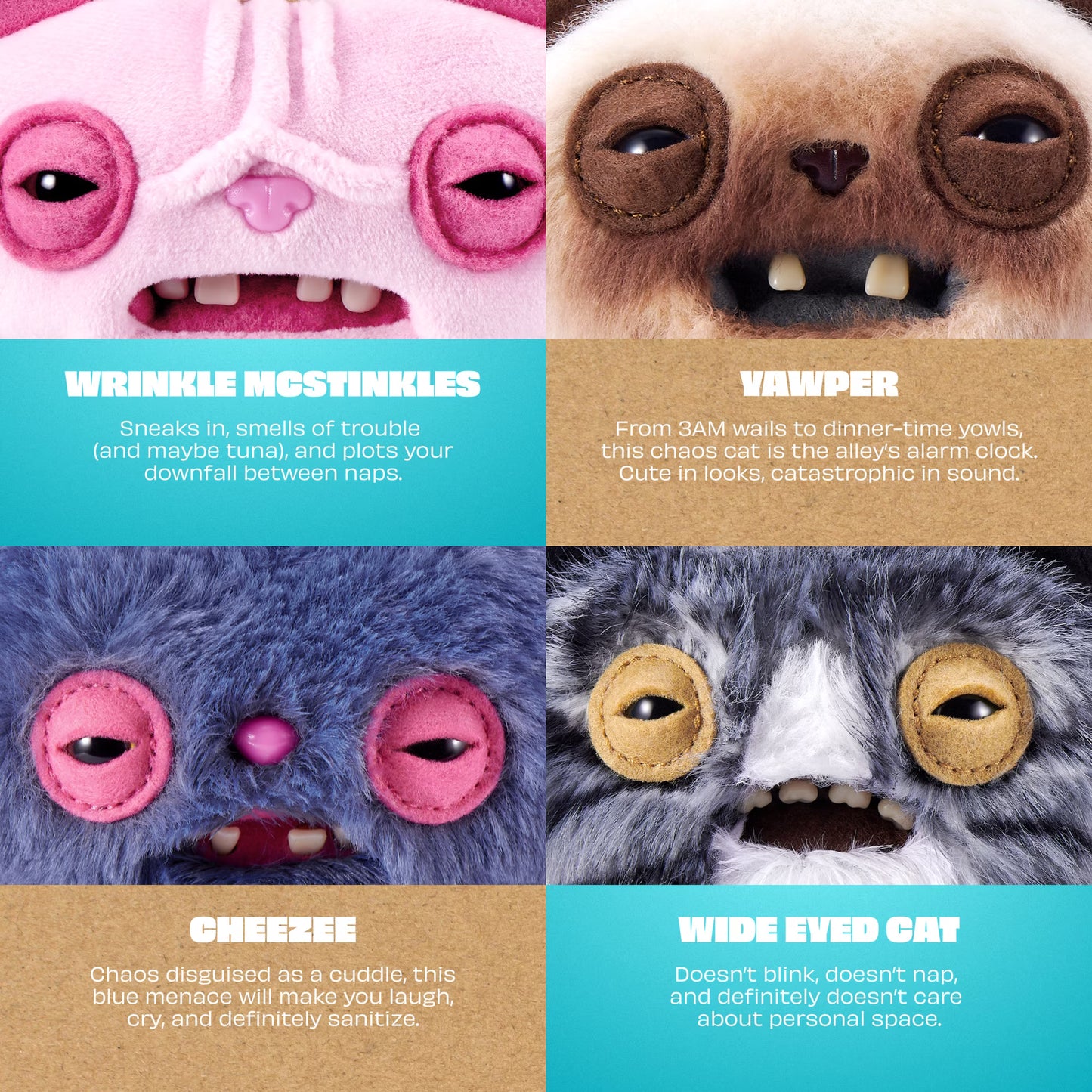 Four colorful plush toys with different expressions and descriptions.