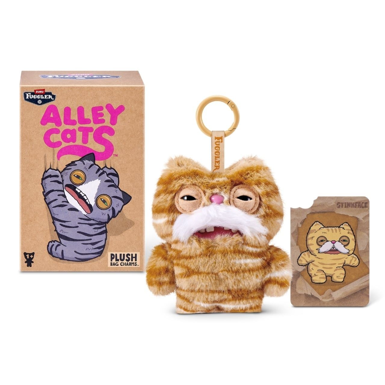 ZURU Fuggler Alley Cats blind box packaging alongside an assortment of plush bag charms featuring human-like teeth.