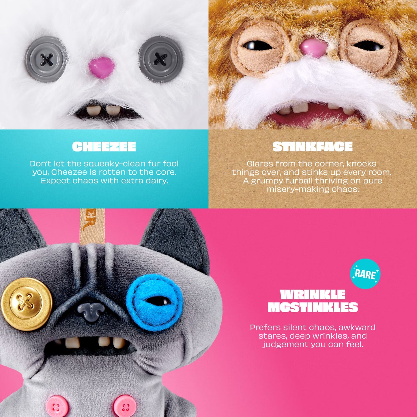 Four different monster characters with text descriptions on a pink background