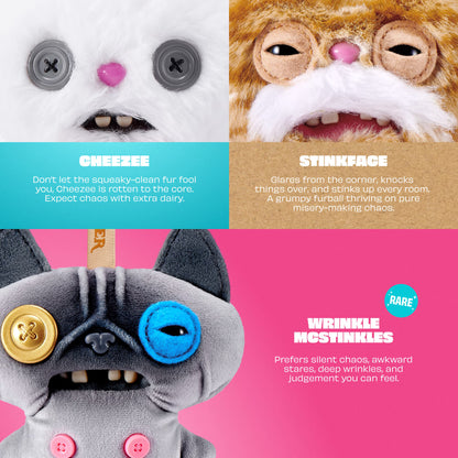 Four different monster characters with text descriptions on a pink background