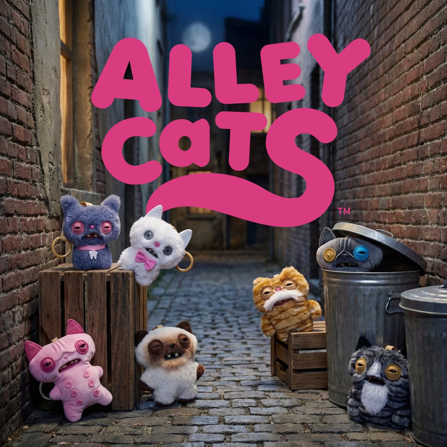 Toy cats in a brick alleyway with 'Alley Cats' text in pink.