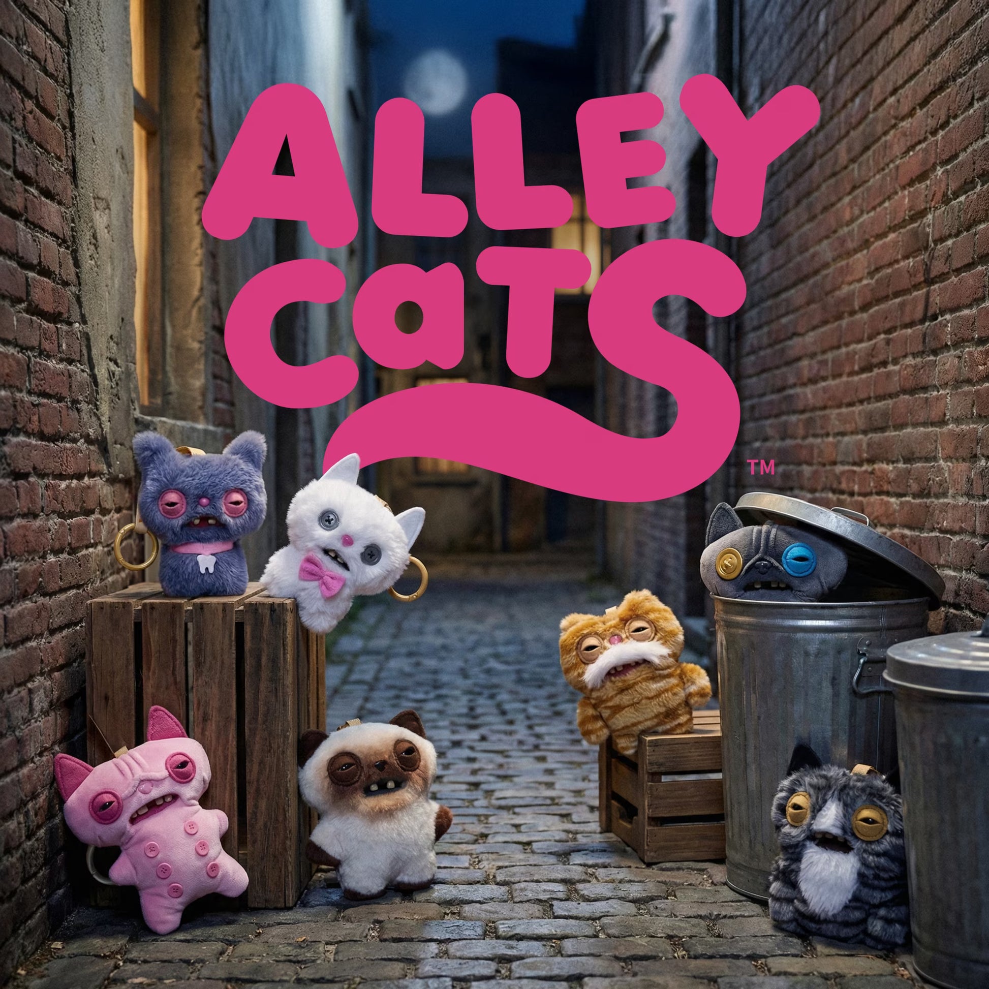 Toy cats in a brick alleyway with 'Alley Cats' text in pink.