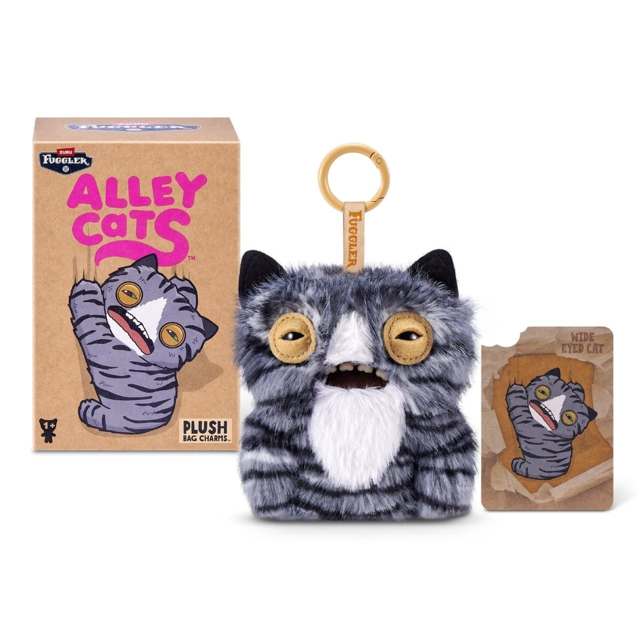 ZURU Fuggler Alley Cats blind box packaging alongside an assortment of plush bag charms featuring human-like teeth.