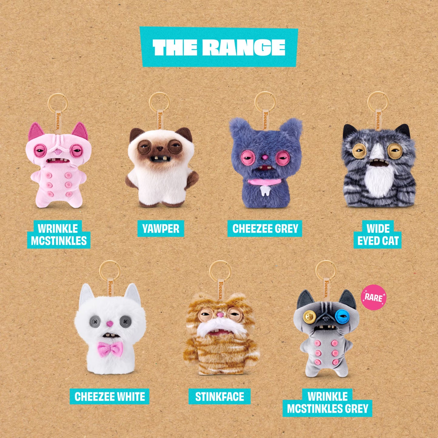 Collection of cat-themed keychains with labels on a brown background
