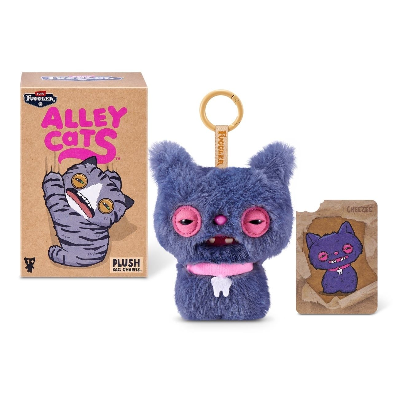 ZURU Fuggler Alley Cats blind box packaging alongside an assortment of plush bag charms featuring human-like teeth.