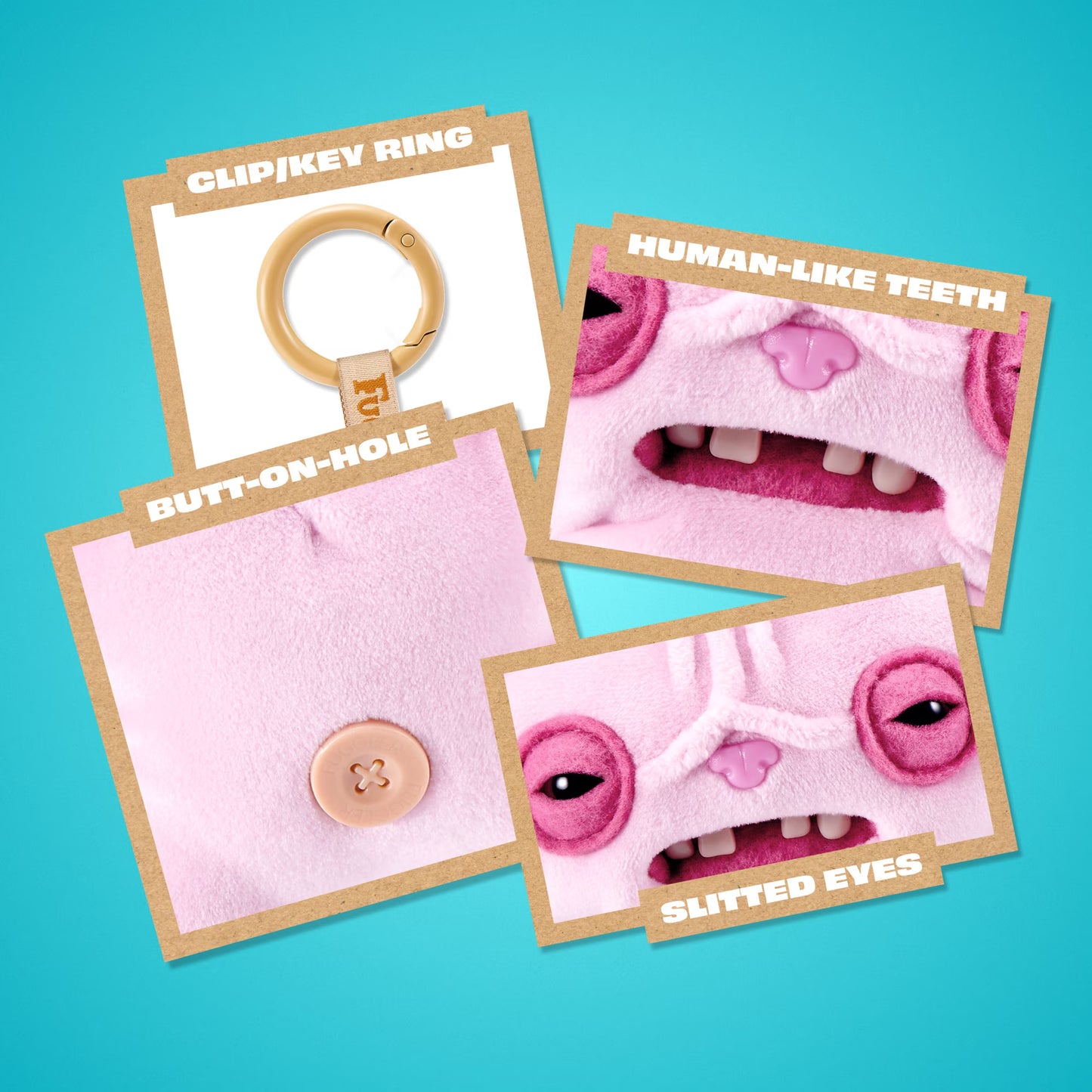 Pink plush toy parts on display cards with labels on a blue background