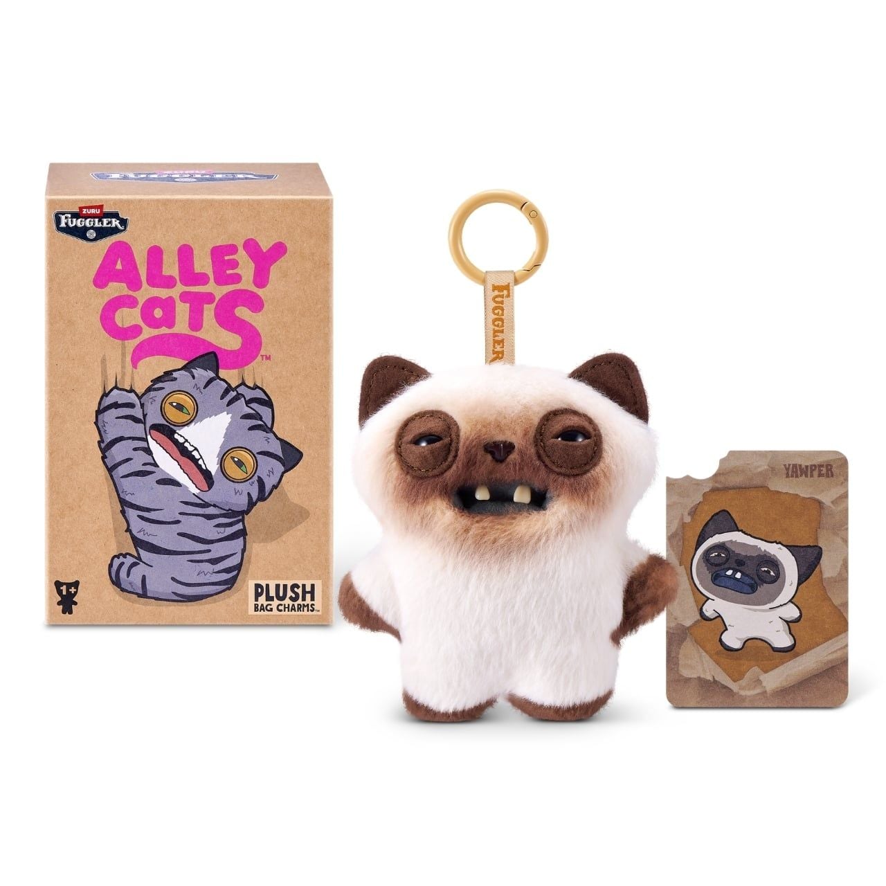ZURU Fuggler Alley Cats blind box packaging alongside an assortment of plush bag charms featuring human-like teeth.