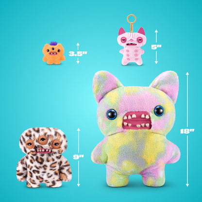 Three plush monster toys shown on a bright aqua background with size arrows and labels: a small orange plush 3.5 inches tall, a small pink plush 5 inches tall, and a larger pastel tie-dye plush 18 inches tall.