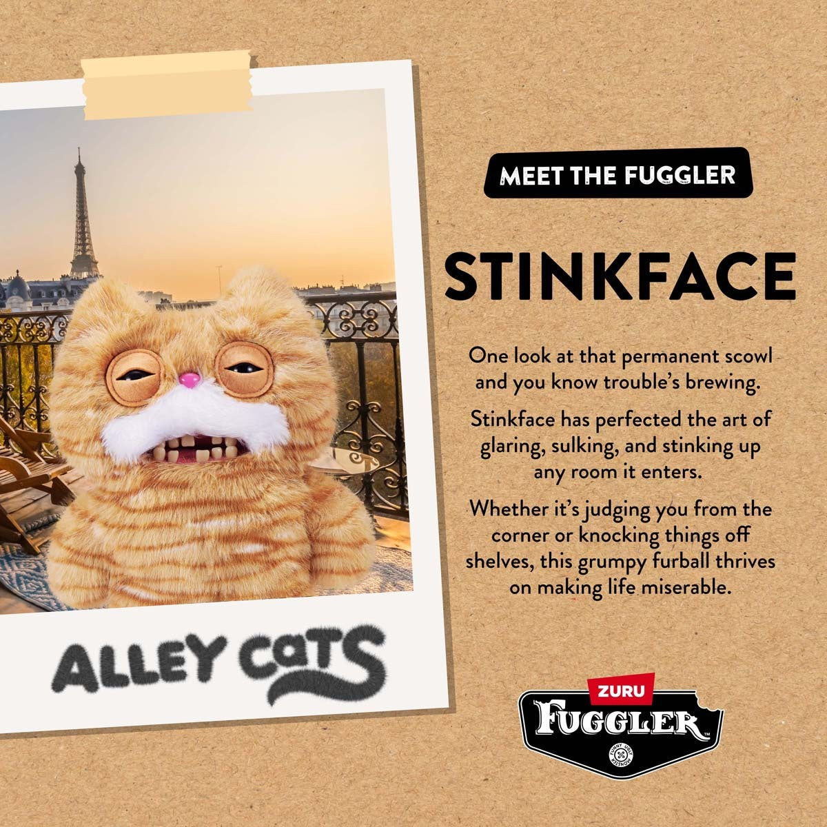 Card with character description for Fuggler Alley Cats Stinkface plush