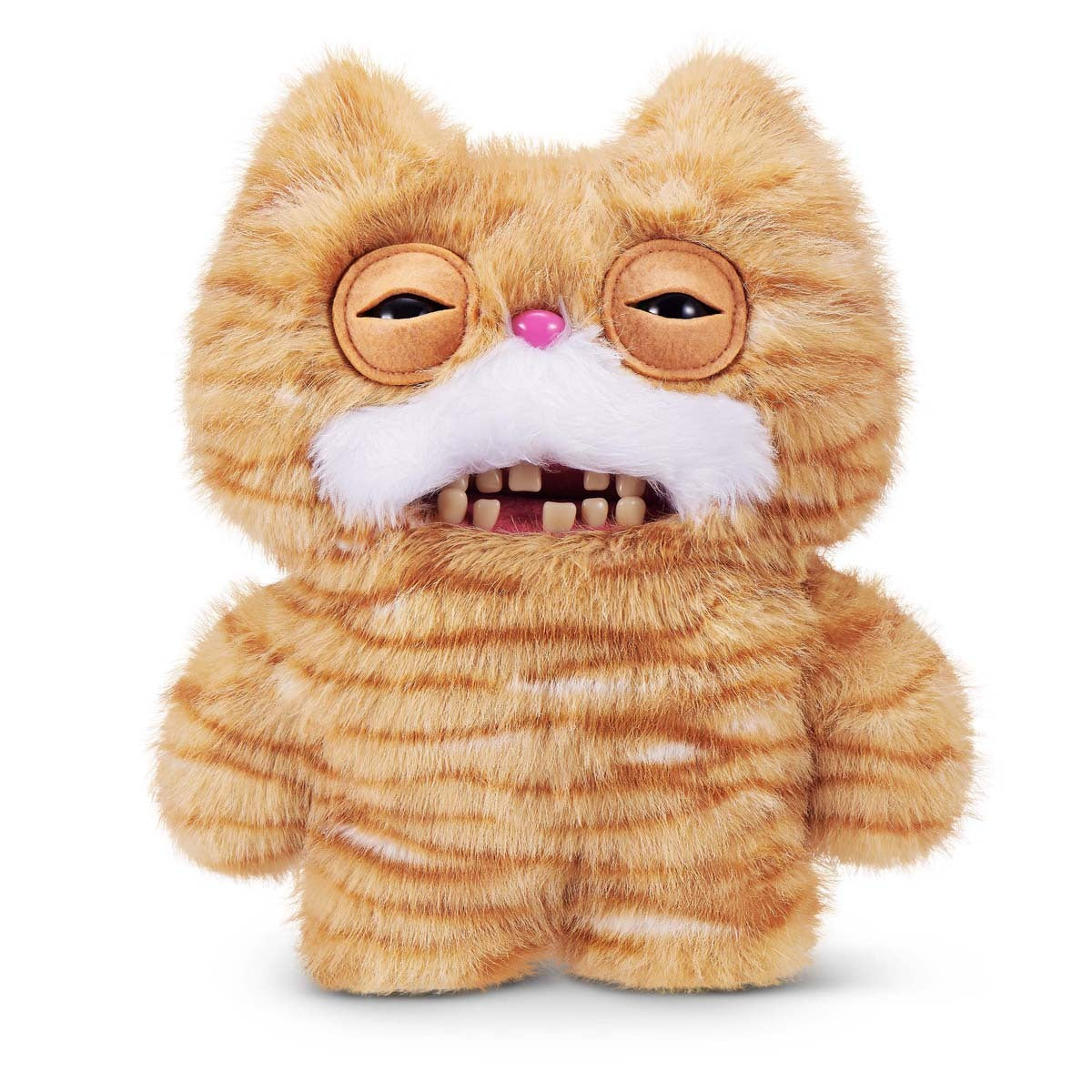 Fuggler Alley Cats Stinkface plush, a fluffy orange ginger cat toy with human-like teeth and tired eyes.