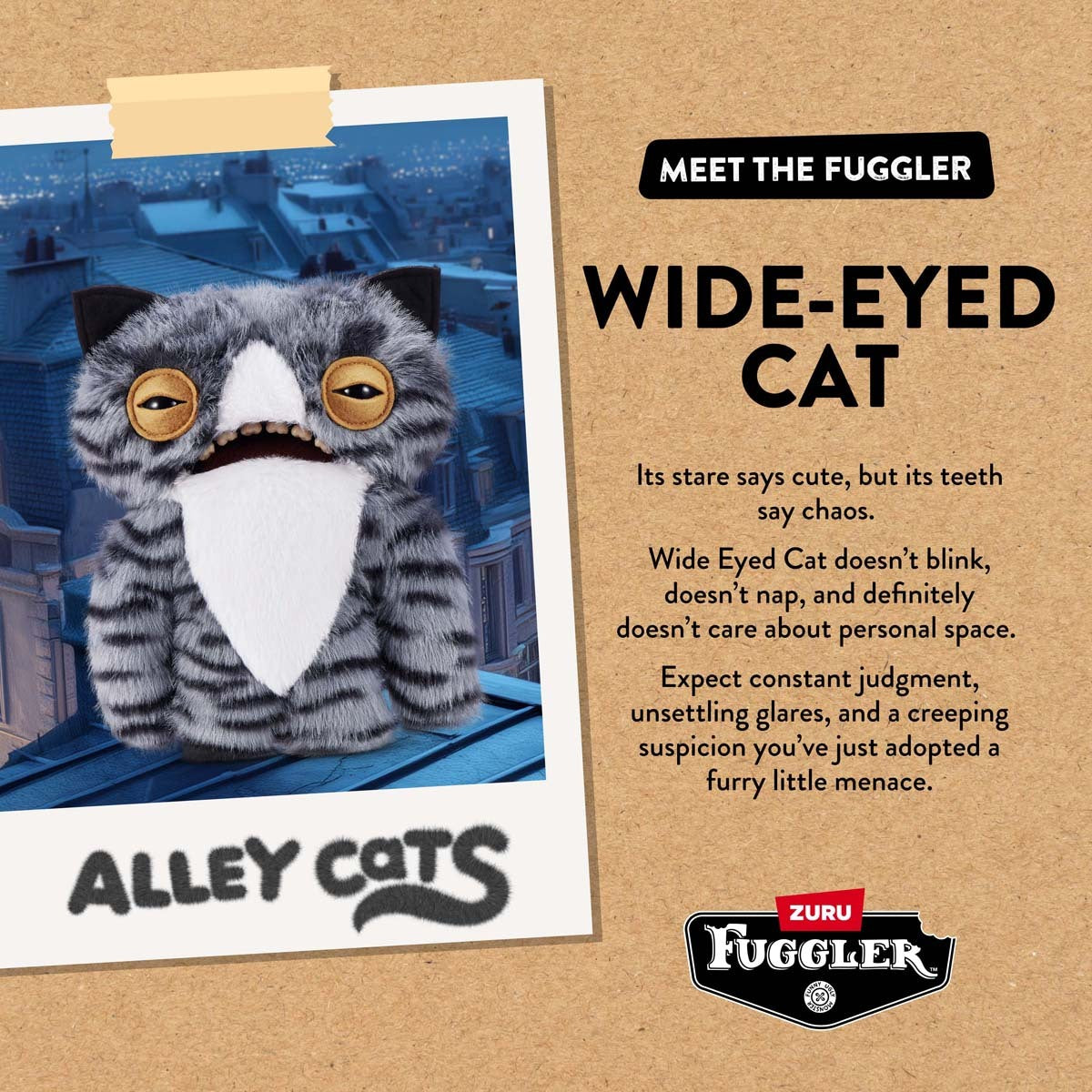 Card with character description for Fuggler Alley Cats Wide Eyed Cat plush