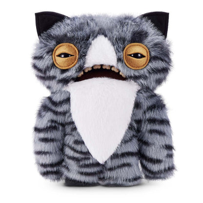 Fuggler Alley Cats Wide Eyed Cat plush, a grey tabby cat toy with heavy eyelids, a white chest, and human-like teeth.
