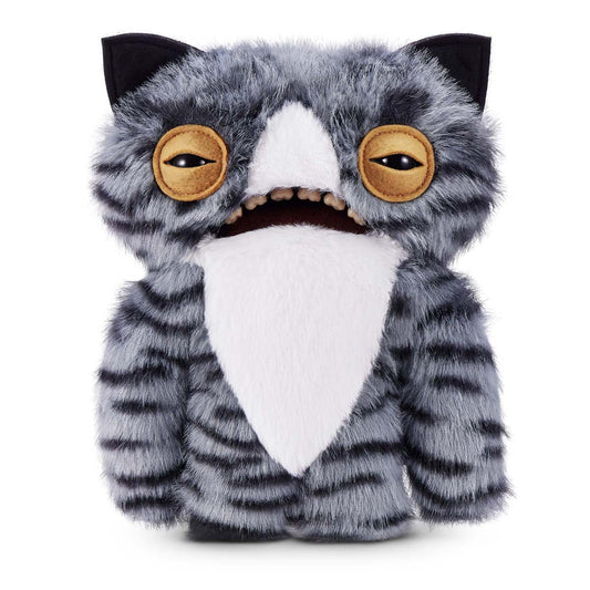 Fuggler Alley Cats Wide Eyed Cat plush, a grey tabby cat toy with heavy eyelids, a white chest, and human-like teeth.