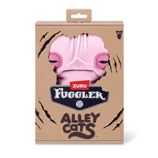 Cardboard packaging of a pink toy with Zuru Fuggler Alley Cats branding.
