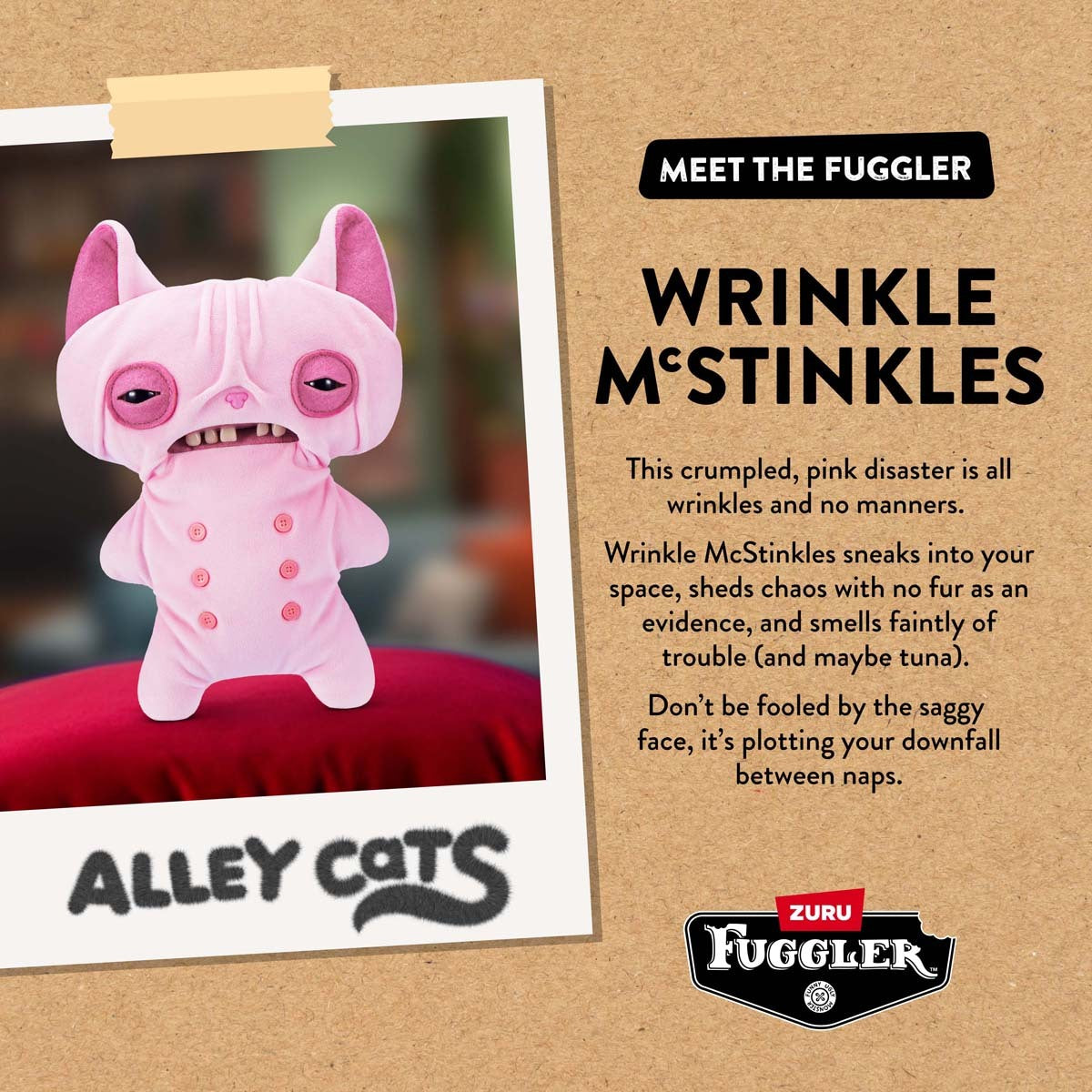 Card with character description for Fuggler Alley Cats Wrinkle McStinkles plush