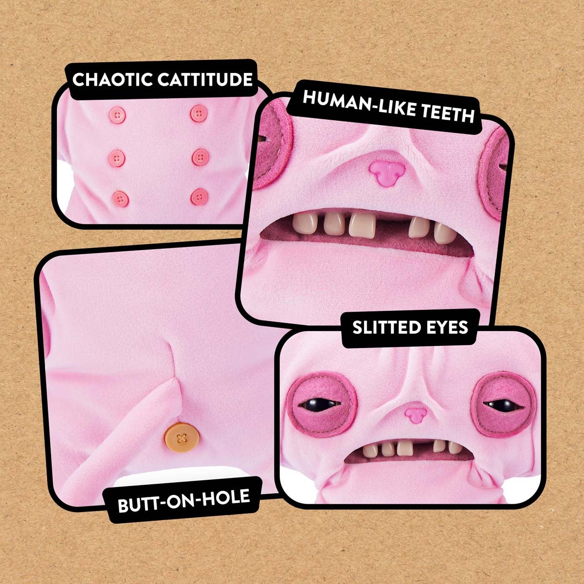 Close of features of Fuggler Alley Cats Wrinkle McStinkles plush