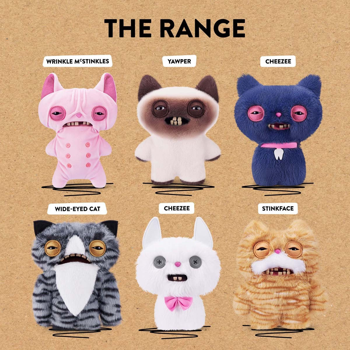 Collection of 6 Fugglers Alley Cats with labels on a brown background, featuring the brand 'The Range'.