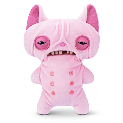 Fuggler Alley Cats Wrinkle McStinkles plush, a pink hairless cat toy with human-like teeth and buttons on its chest.