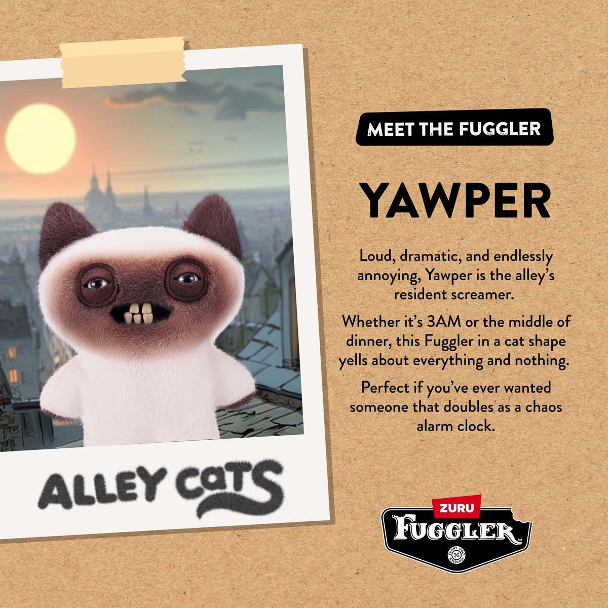 Card with character description for Fuggler Alley Cats Yawper plush