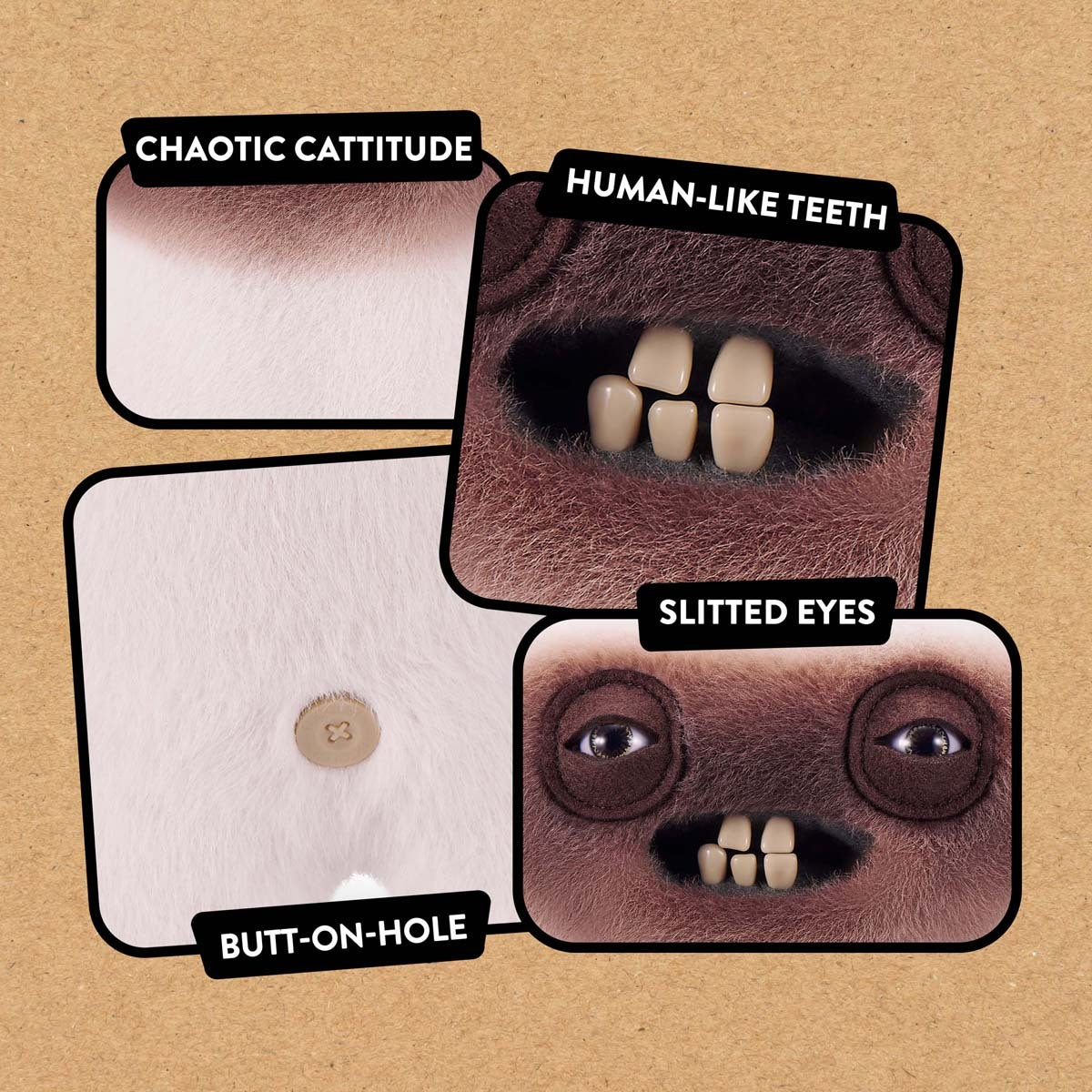 Close up of features for Fuggler Alley Cats Yawper plush