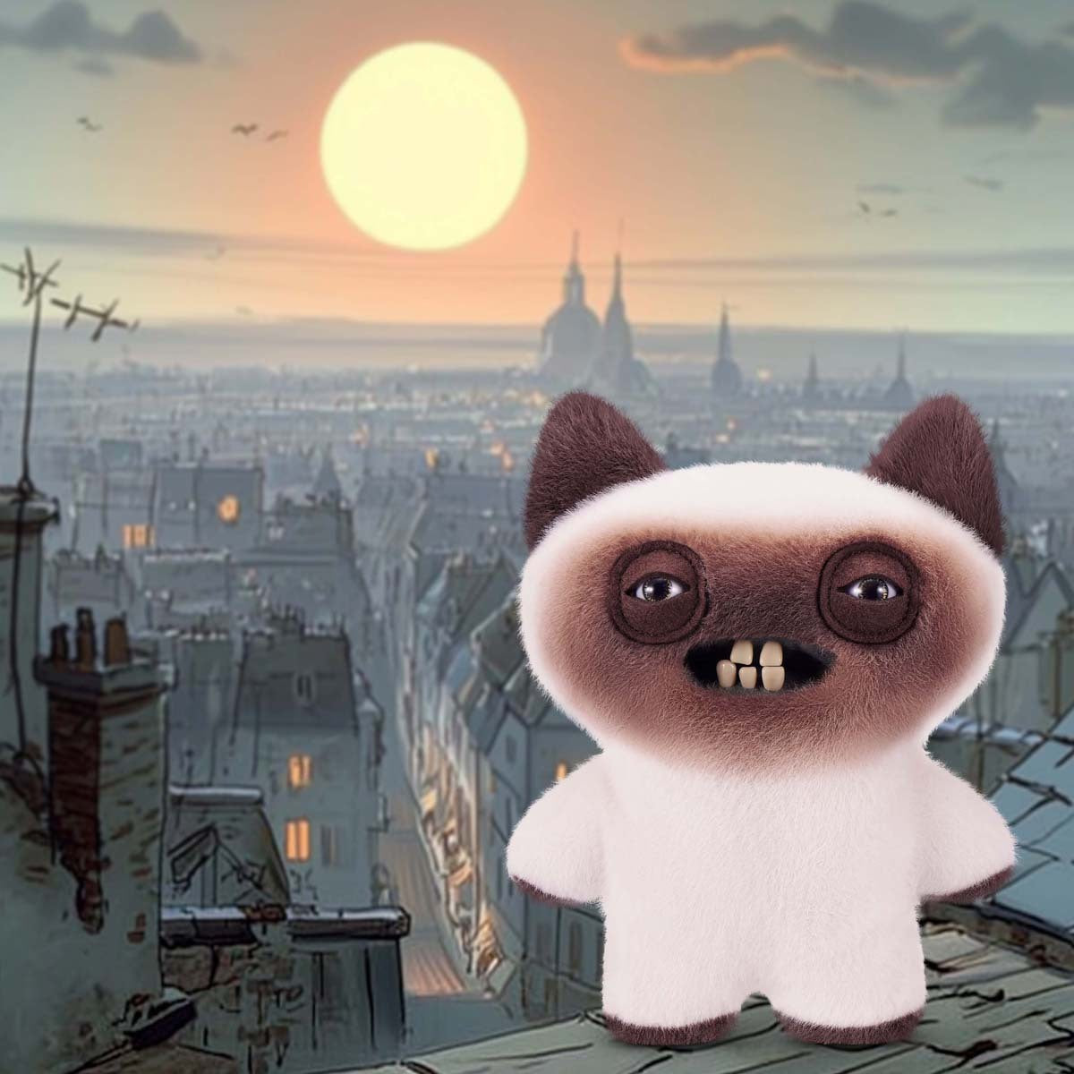 Fuggler Alley Cats Yawper plush with a cityscape background during sunset