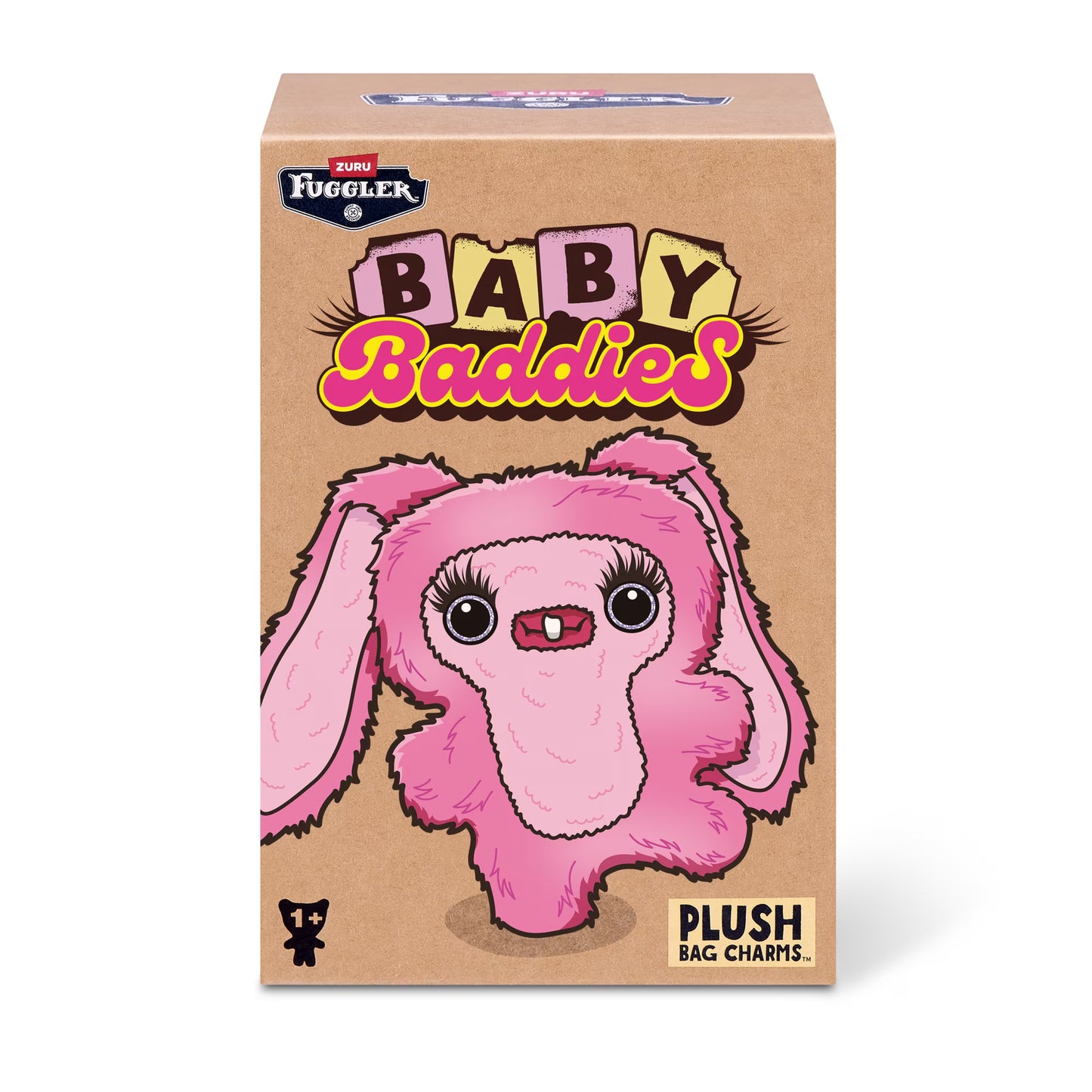 A cardboard product box for Fuggler Baby Baddies plush bag charms, featuring a pink fuzzy bunny illustration and colorful 'BABY Baddies' lettering on a white background.